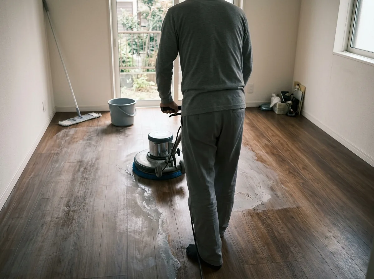 イメージ:家具を出した空き部屋で、床洗浄機が古いワックスをはがしながら進んでいる様子