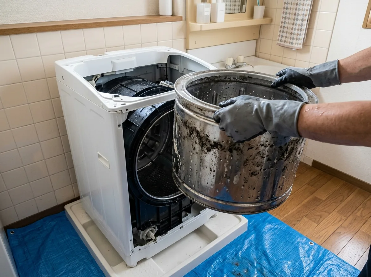イメージ:上ぶたと操作部のカバーを外した縦型洗濯機から、内側の洗濯槽を持ち上げて取り出している様子